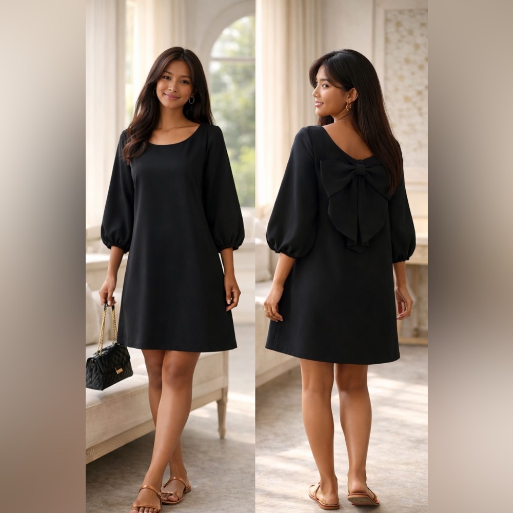 Charming Charlie Black Shift Dress Size L Bow Back Cutout 3/4 Sleeve LBD